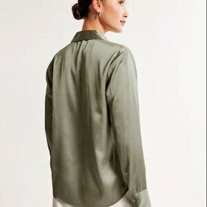 Abercrombie & Fitch Oversized Olive Green Small Silky Long Sleeve Button up Top